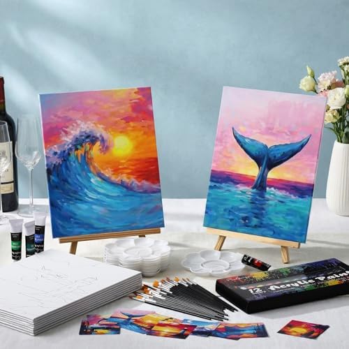 Ctosree 72 Pcs Natural Scenery Paint and Sip Kit for Adults 8'' x 10'' Pre Drawn Canvas for Painting DIY Pre Printed Canvas for Party Favor Afro Acrylic Painting Kit Wood Easel Brushes Bulk - Image 2