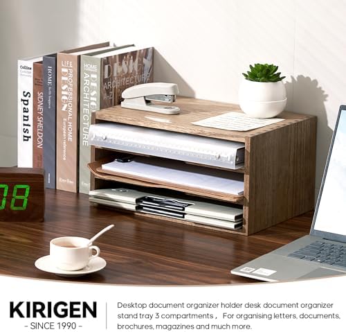 KIRIGEN Wooden Desk Organizer 3-Tier Letter Tray and Paper Sorter, Brown - Image 5