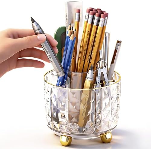 GOTOBA 360° Rotating Pencil Holder for Desk, Makeup Brush Holder with 6 Slots, Desk Organizer for Writing Utensil, Office and School Supplies (Transparent) by GOTOBA