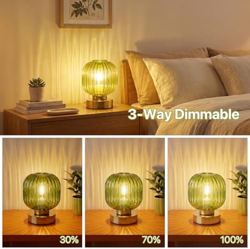 Elenhome Green Touch Glass Table Lamp Set of 2, 3-Way Dimmable Bedside Lamps, Vintage Mid-Century Modern Nightstand Lamps for Bedroom and Living Room, Ambient Mood Lighting, LED Bulb Included - Image 3