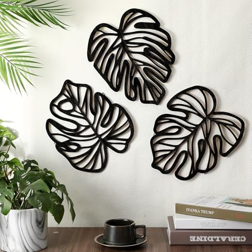Palm Leaves Wood Wall Decor , 3Pcs Tropical Wall Art Jungle Decor, Wooden Natural Leaves Plant Wall Decor, Vintage Tropical Plant Plaque for Home Living Room Kitchen Bedroom Bathroom & Garden, Black by Unknown