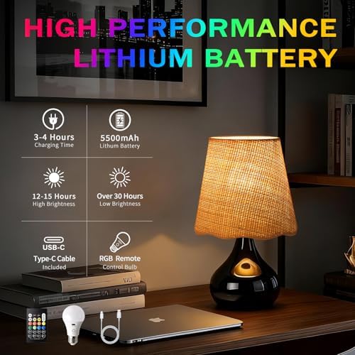Cordless Table Lamp Rechargeable, Navy Blue Mini Bedroom Lamps for Bedside Nightstand, Rattan Shade Small Table Lamps for Small Spaces for Kitchen Counter, Bookshelf, Home Office, Living Room, Dorm - Image 4