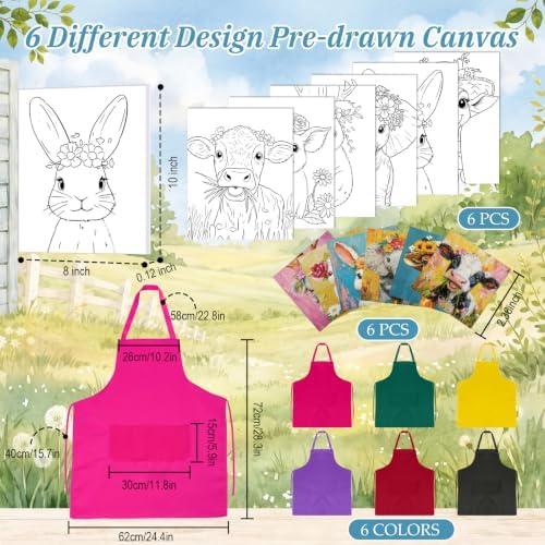 Cholemy 6 Set Paint and Sip Kit for Adults 8"x 10" Pre Drawn Canvas Painting with Wooden Easel Acrylic Paint Wash Cup Brushes Palette Apron for Painting DIY Adult's Date Party Supplies(Flower Animal) - Image 4