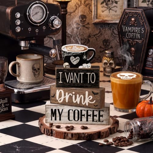 Moucuny 4 Pcs Halloween Coffee Wood Blocks Tiered Tray Decor Farmhouse - Image 2
