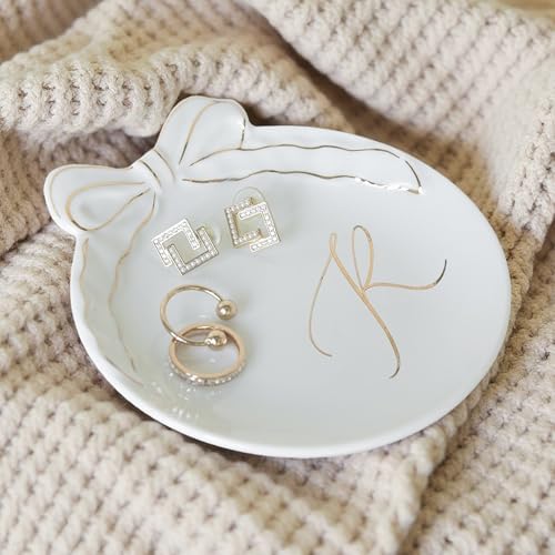 COLLECTIVE HOME Ceramic Jewelry Tray, Monogram Trinket Dish with Bow (R) - Image 2