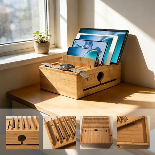 Bamboo Charging Station Organizer for Multiple Devices with 5 Cables - Image 6