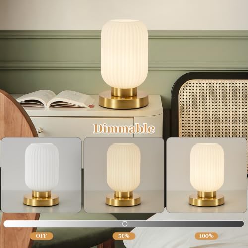 Rechargeabl White Glass Table Lamp,Vintage Ribbed Bedside Lamp - Image 6
