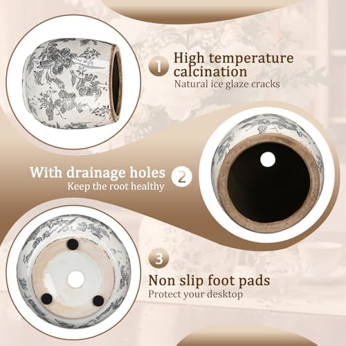 SiliFine Ceramic Planter Ice Crackle Drainage Holes,Rustic Grey Style - Image 4