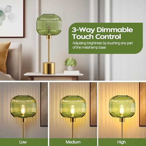 QiMH Glass Table Lamp for Living Room, Modern Bedside Lamp with Green Ribbed Glass Shade, 3-Way Dimmable Touch Control Nightstand Lamp for Bedroom, Brushed Gold (2700K LED Bulb Included) - Image 2