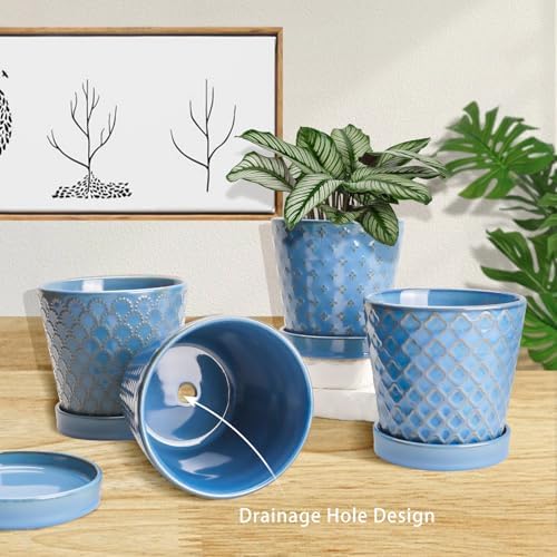 EFISPSS Plant Pots,5 Inch Pots for Indoor Plants,Planters with Drainage Hole and Saucer, Ceramic Flower Pots Desktop Office Windowsill Decoration Gift Set of 4 - Sky Blue - Image 4