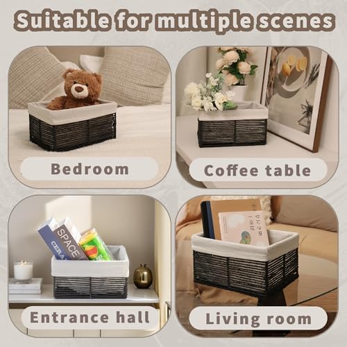 GYASVWU Hand-Woven Paper Rope Storage Baskets,Rectangular Wicker Baskets for Organizing,Decorative Woven Basket for Storage,Shelf Basket for Living Room,Storage Baskets for Pantry (Black - Small) - Image 4