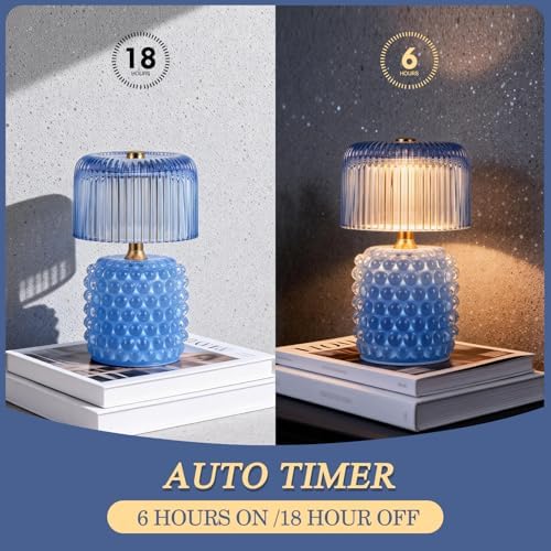Small Battery Operated Lamp with Timer, Pearl, Blue - Image 3