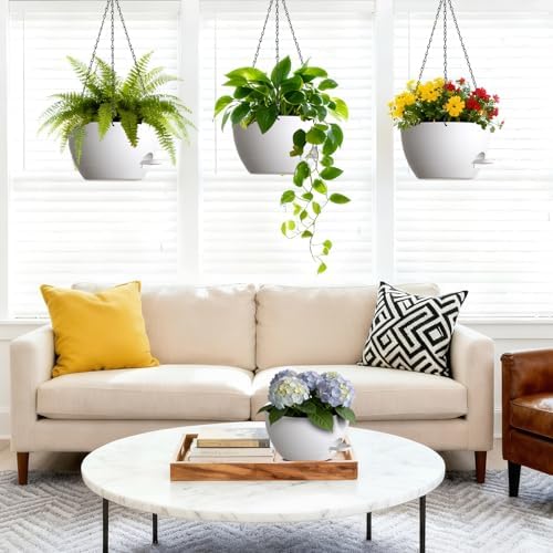 UOUZ Set of 3-10 Inch Self Watering Hanging Planters for Indoor Outdoor，Hanging Plant Pots with Drainage & Removable Tray, Hanging Pots for Pothos Plant, Spider Plants, Ferns, Balcony & Patio, White - Image 2
