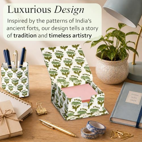 CPC Emerald Green Block Print Cotton Desk Organizer Sticky Note Holder - Image 5