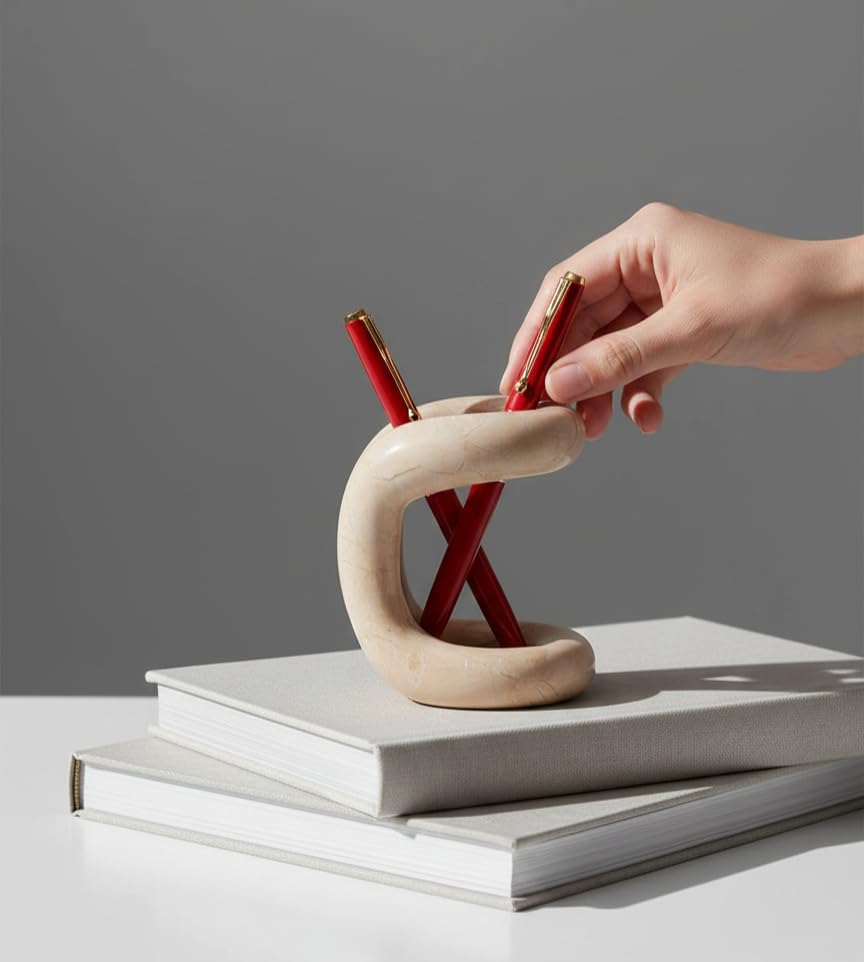 Marble Pen Holder for Desk, 4 Inch Beige Pencil Holder - Image 3