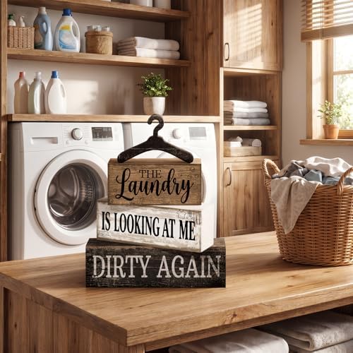Moucuny 4 Pcs Farmhouse Laundry Room Decor and Accessories Stacked Blocks - Image 4