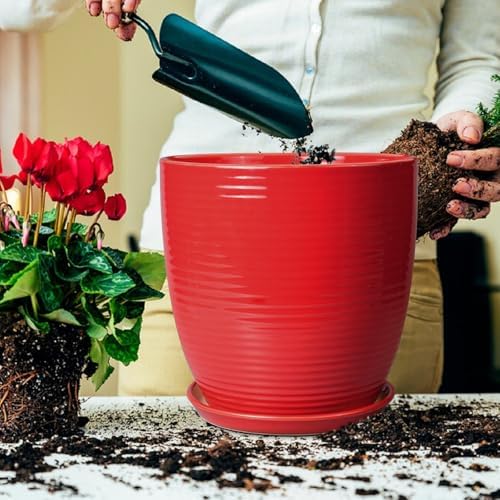 Ceramic Pot for Plants 12 Inch - Plant Pot Indoor with Drainage Hole and Saucer Round Large Planter for Outdoor Plants Mid Century Modern Flower Pot for Home Decor Red - Image 4
