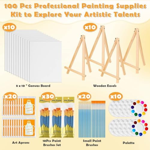 100-Pack 8x10 Inch Canvas Boards for Painting – Complete Art Kit with 50 Brushes, 20 Art Aprons & Paint Trays – Includes Mini Easel for Adults Beginners & Party Art Projects Home Deco - Image 3