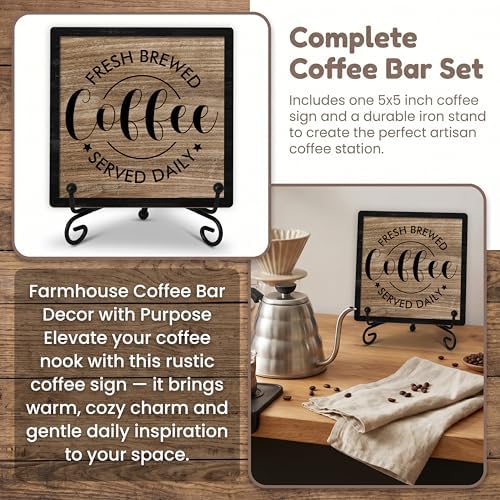 Coffee Bar Sign, Fresh Brewed Coffee Served Daily Sign, 5x5 Wood Plaque with Iron Stand, Kitchen Cafe Tabletop Decor – A05 - Image 7