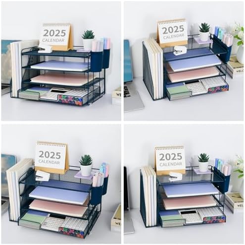 OPNICE Desk Organizer, 4-Tier Desktop File Organizer with Drawer and Pen Holders, Office Desk Accessories, File Sorters, Workspace Organizers for Office Supplies(Dark Blue) - Image 4