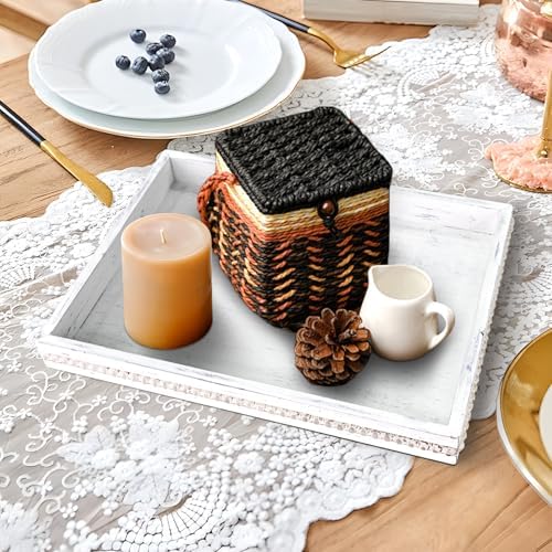 Wooden Decorative Tray, Rectangular Serving Tray with Wood Bead, Farmhouse Big Tray for Ottoman, Countertop, Coffee Tabl, 16.5" x 13"x 1.6" (Retro White) - Image 3