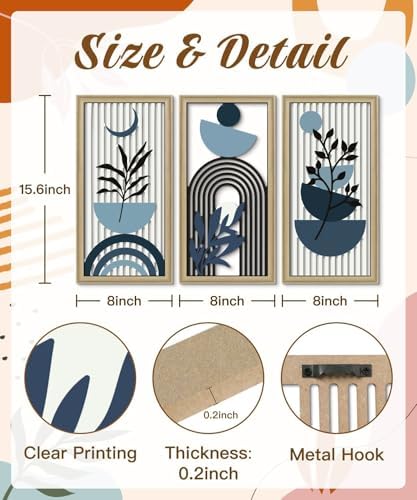 Putuo Decor Boho Abstract Wall Art, Set of 3, Modern Botanical Wooden Wall Decor, Blue Mid-Century Minimalist Framed Artwork for Living Room Bedroom, Office - Image 2