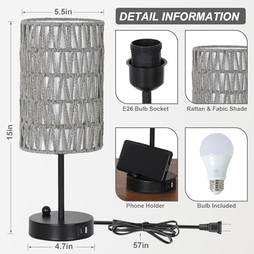 Gray Bedside Lamps Set of 2, Touch Control Night Stand Lamp for Bedroom with Rattan & Linen Shade & Bulbs, 3 Way Dimmable Small Boho Table Lamps with USB Charging Port & Phone Stand - Image 2