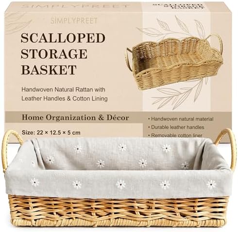 Scalloped Natural Rattan Storage Basket with Removable Cotton Lining, Leather Handles for Home, Kitchen, Bathroom Organization by Unknown