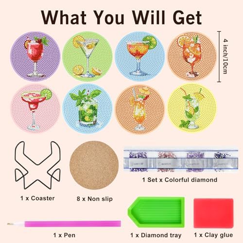 Diamond Art Coasters Kit for Adults, 8PCS Cocktail Coasters with Holder - Image 3