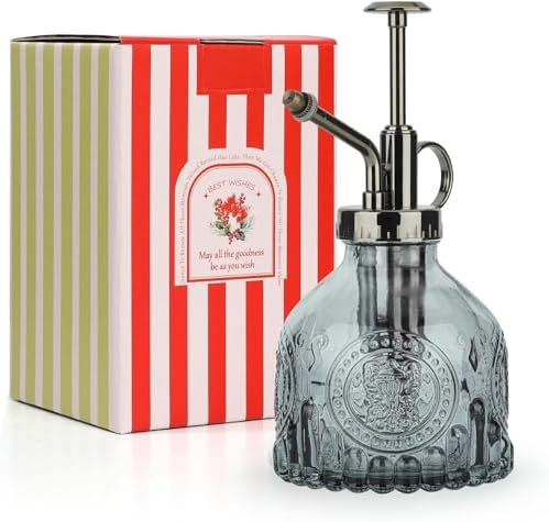 T4U Glass Plant Mister 200ML, Vintage Spray Bottle with Top Pump Fine Mist Garden Flower Sprayer Small Decorative Spritzer Watering Can Gift for Indoor Outdoor Succulent House Plant (Grey) by T4U