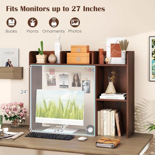 GIANTEX Desktop Bookshelf, Wood Desk Hutch Organizer for 27 Inch Computer Monitor, Countertop Storage Display Rack with 5 Shelves, Multipurpose Desktop Shelf Bookcase for Dorm Office Home, Walnut - Image 4