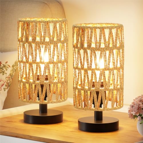 Table Lamps Set of 2 (Rattan Rope Shade - Black Base, 9" Inline Control) by Fenmzeelighting