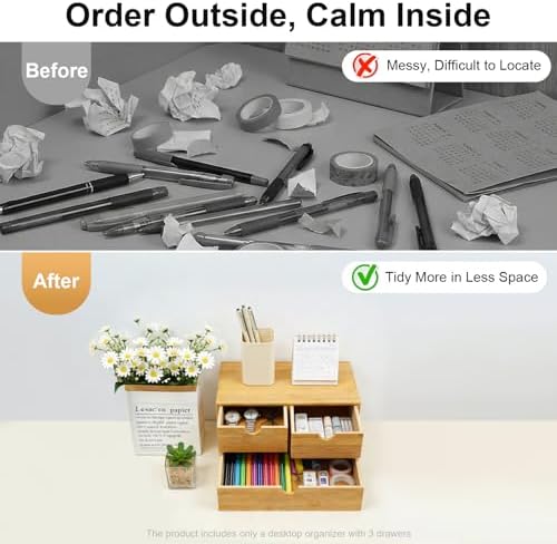Bamboo Desk Organizer with 3 Drawers,Small Desktop Drawers,Tabletop Storage Box for Home Office - Image 6