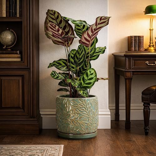 D'vine Dev Embossed Leaves Ceramic Planter, 8 in, Olive, 27-A-Q-0 - Image 6