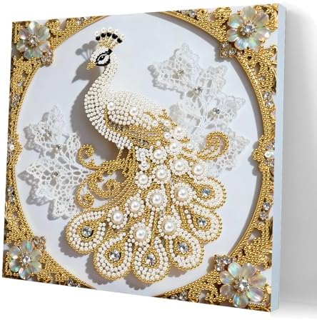 Pearl Art Kits Painting for Adults, DIY Mindfulness Therapy with Framed Canvas and Tools, Beginner Wall Decor-Peafowl by Artiphile