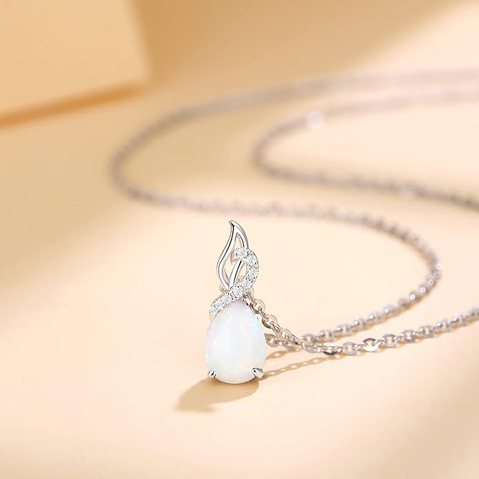 FANCIME 14K Solid White Gold Teardrop Pendant with Diamond Birthstone Necklace