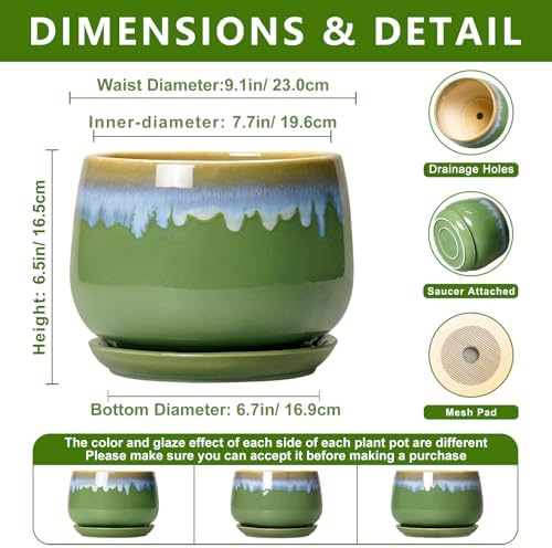 9 Inch Indoor Plant Pots - Ceramic Planters for Indoor Plants, Decorative Planter with Drainage and Saucer, Round Flower Pot, Porch Garden Office Decor, Gardening Gifts for Women, Green-Blue - Image 2