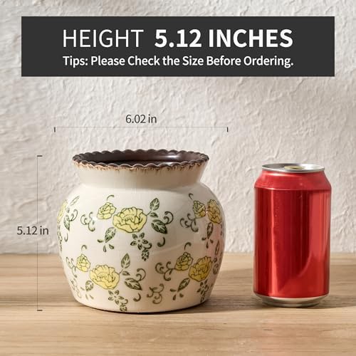 SIDUCAL Ceramic Yellow Rose Floral Vase with Wide Mouth Lace, 4.84 Inch Cracked Chinoiserie Rustic Farmhouse Vases, Pastoral Retro Vase for Home Decor, Table, Living Room, Bathroom, Shelf, Wedding - Image 2