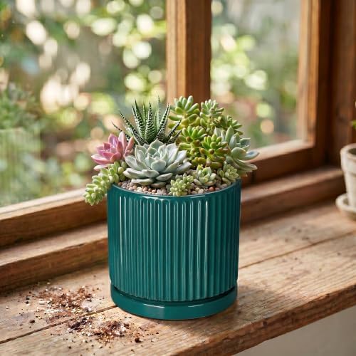 4 Inch Ceramic Pots for Plants, Plant Pots with Tray, Blackish Green - Image 3