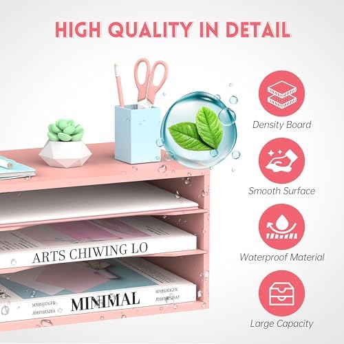 3 Tier Wood Desk Organizer, Mail Sorter and Paper Organizer for Desk, Pink - Image 4