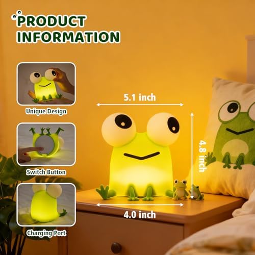 Frog Night Light for Kids with Timer, Dimmable 3 Brightness 7 Colors, Kawaii Big-Eyed Frog Lamp Funny Gifts, USB Rechargeable Portable Night Lamp Decor for Girl Boy Nursery/Bedroom/Desk/Office - Image 4