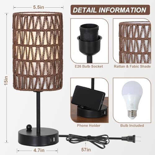 Bedside Lamps Set of 2, Touch Control Night Stand Lamp for Bedroom with Rattan & Linen Shade & Bulbs, 3 Way Dimmable Small Boho Table Lamps with USB Charging Port & Phone Stand (Coffee Color) - Image 2