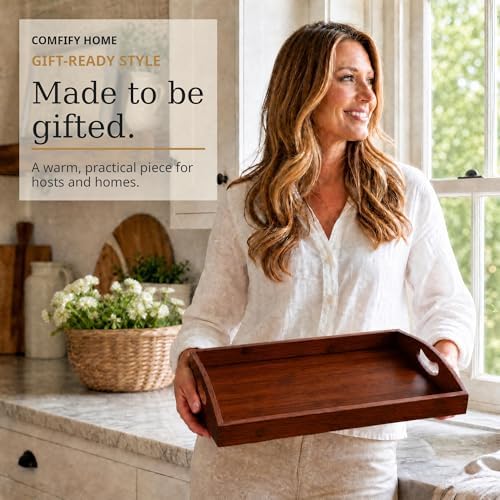 Comfify Dark Brown Bamboo Serving Trays Set of 3 – Nesting Ottoman Trays - Image 3