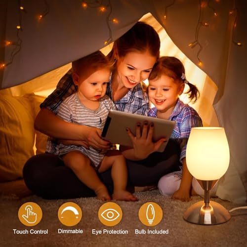Small Touch Lamp for Bedroom Nightstand, 3-Way Dimmable Bedside Lamps Opal Glass Desk Lamp Silver Base, Tiny Table Lamp for Small Spaces Ambient Lighting for Living Room, E12 Bulb Included - Image 2
