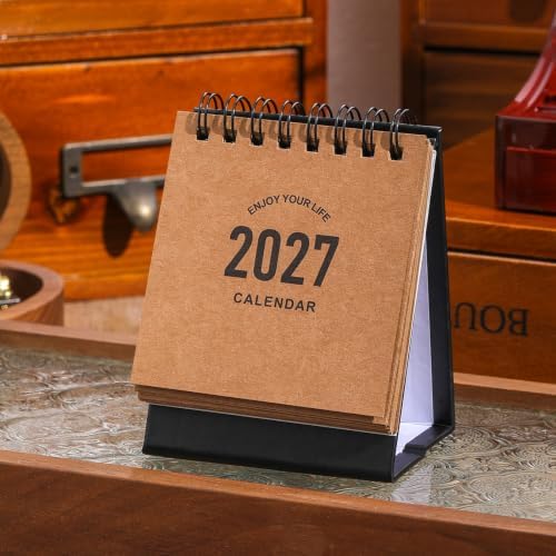 Mini Desk Calendar 2027-2028- Small Desktop Calendar January 2027 to June 2028, Mini Daily Schedule Thick Paper Twin-Wire Binding with Stickers for Home Office School (Kraft paper color) - Image 2