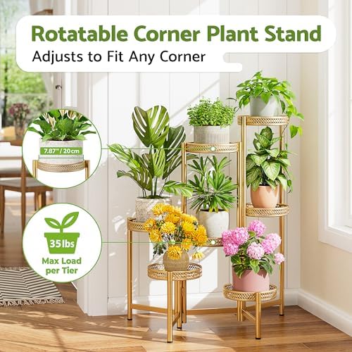 7 Tiered Metal Corner Plant Stand Indoor Outdoor, Tall Large Folding Rack with Rust Proof 10 Inch Wide Tray, Heavy Duty Flower Shelf for Multiple Plants for Patio - GoldWave - Image 2