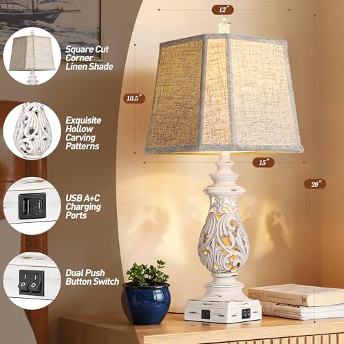 PARTPHONER 29" Table Lamps Set of 2, Bedside Lamps with USB A+C Ports & Night Light, Farmhouse Nightstand Lamps with Linen Fabric Shades for Bedroom Living Room, Antique White (LED Bulbs Included) - Image 2