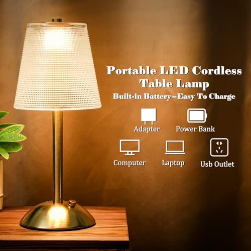Liliful 2 Pcs Cordless Table Lamp LED Touch, Gold, Retro Style - Image 3