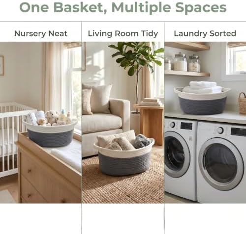Small Cotton Rope Basket - White Woven Storage Basket with Handles, Desktop Organizer for Keys, Remotes, Makeup, Soft Decorative Bin for Bathroom, Office Shelf (White/Dark Gray) - Image 6