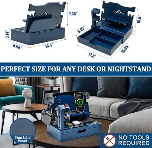 Nightstand Organizer for Men with Large Drawer Gift for Men, Blue - Image 3